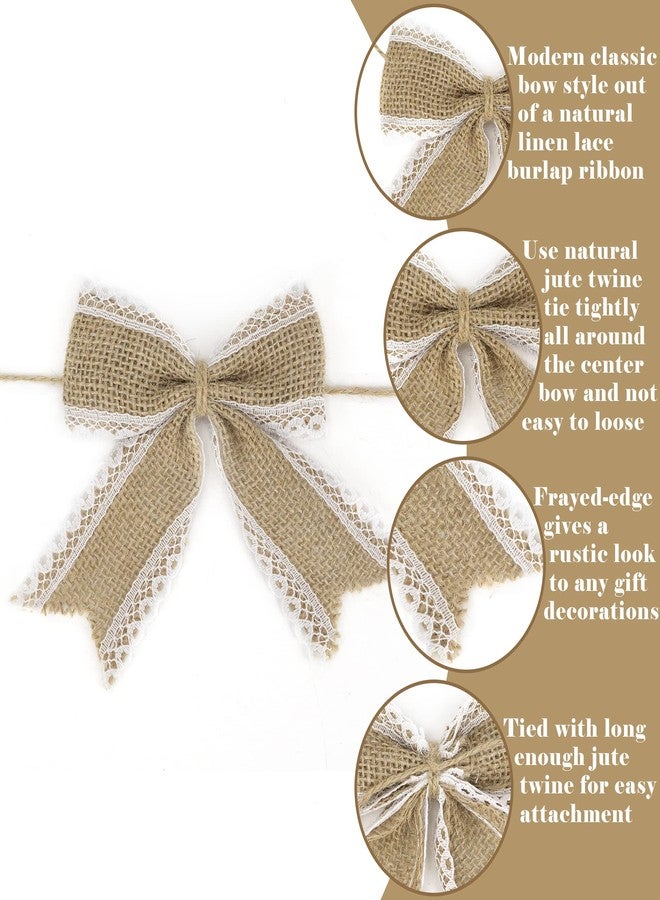 AIMUDI Natural Burlap Bows with Lace 4 Inch Handmade White Lace Jute Bows Pre Tied Gift Bows for Crafts Burlap Bows for Christmas Trees Vintage Wedding Decorative Bows for Party - 12 Counts - Image 3